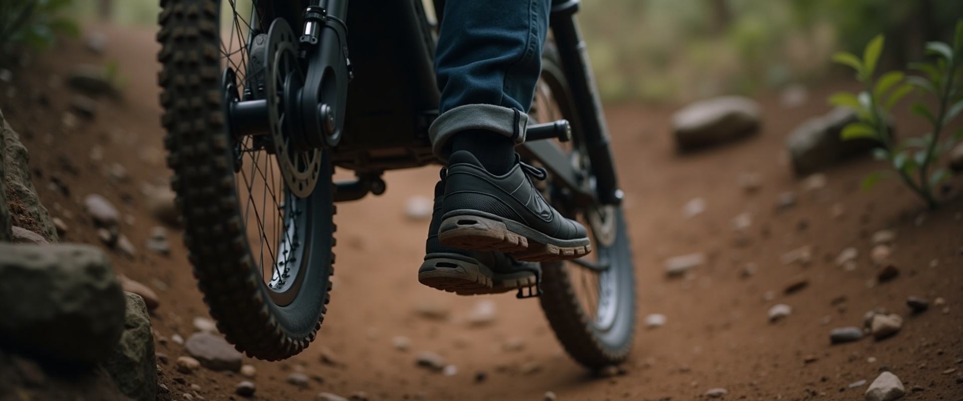 Electric dirt bike rider on technical trail